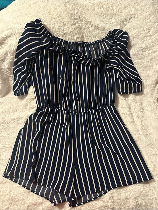 Ambiance Pants - Ambiance Navy & White Striped Off-Shoulder Romper Size 1X